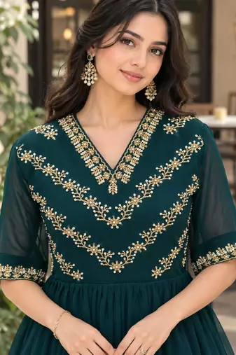 Rama georgette sequins multithreaded bead embroidered ruffle flared gown
