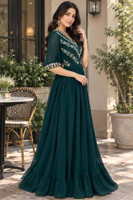 Rama georgette sequins multithreaded bead embroidered ruffle flared gown 4