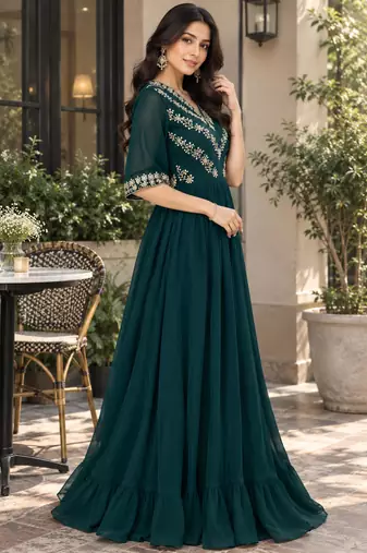 Rama georgette sequins multithreaded bead embroidered ruffle flared gown