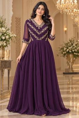 Purple georgette sequins multithreaded bead embroidered ruffle flared gown 1