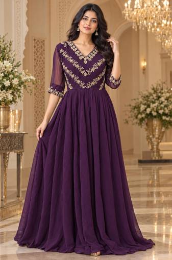 Purple georgette sequins multithreaded bead embroidered ruffle flared gown