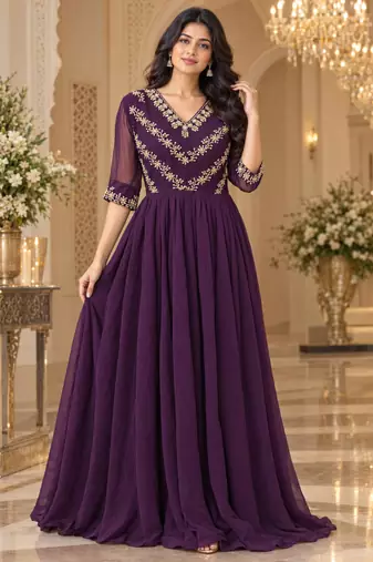 Purple georgette sequins multithreaded bead embroidered ruffle flared gown