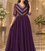Purple georgette sequins multithreaded bead embroidered ruffle flared gown