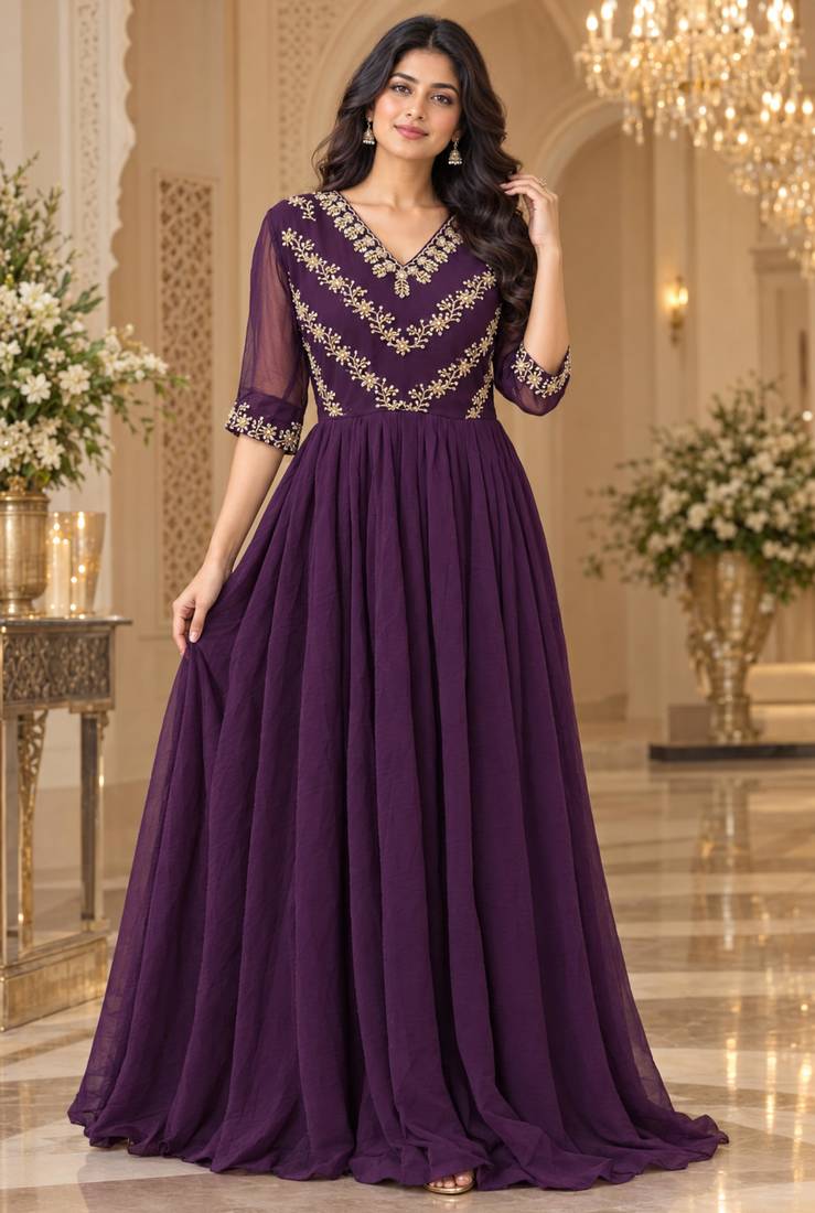 Purple georgette sequins multithreaded bead embroidered ruffle flared gown