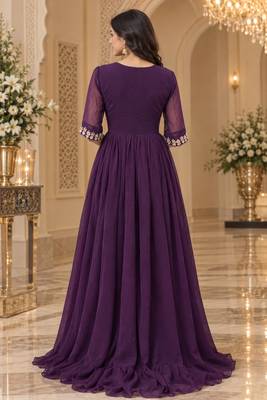 Purple georgette sequins multithreaded bead embroidered ruffle flared gown 2