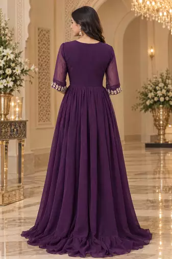 Purple georgette sequins multithreaded bead embroidered ruffle flared gown