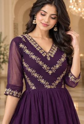 Purple georgette sequins multithreaded bead embroidered ruffle flared gown 3