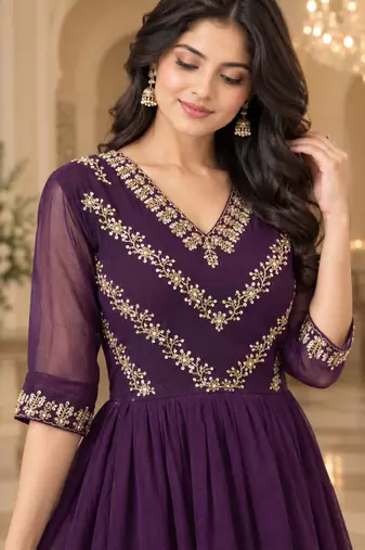Purple georgette sequins multithreaded bead embroidered ruffle flared gown