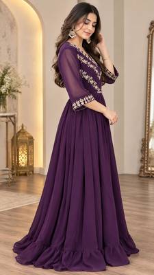 Purple georgette sequins multithreaded bead embroidered ruffle flared gown 4