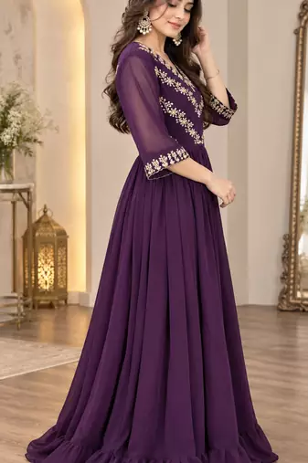 Purple georgette sequins multithreaded bead embroidered ruffle flared gown