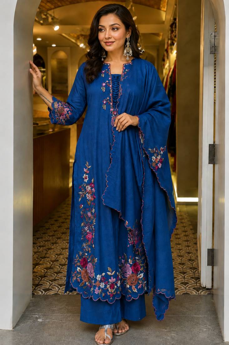 Women's Beautiful Thread Work Roman Silk Fabric Straight Kurta Pant and Dupatta Set