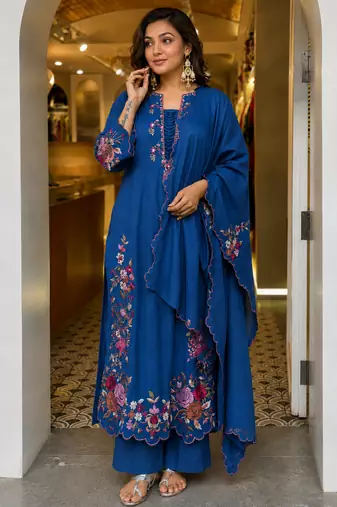 Women's Beautiful Thread Work Roman Silk Fabric Straight Kurta Pant and Dupatta Set