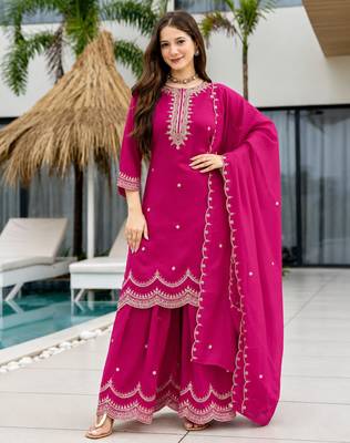 Women's Beautiful Embroidery Work Vichitra Fabric Straight Kurta Sharara and Dupatta Set 1