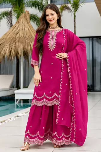 Women's Beautiful Embroidery Work Vichitra Fabric Straight Kurta Sharara and Dupatta Set