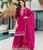 Women's Beautiful Embroidery Work Vichitra Fabric Straight Kurta Sharara and Dupatta Set