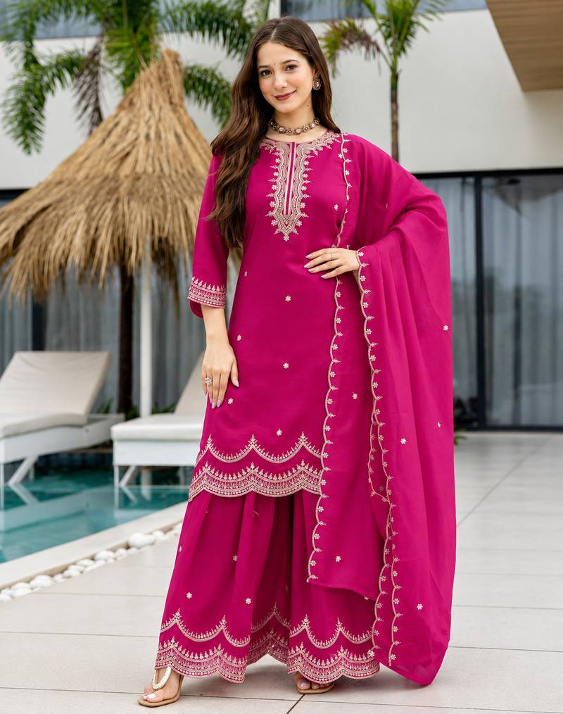 Women's Beautiful Embroidery Work Vichitra Fabric Straight Kurta Sharara and Dupatta Set