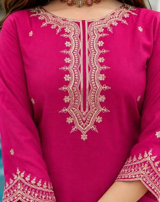 Women's Beautiful Embroidery Work Vichitra Fabric Straight Kurta Sharara and Dupatta Set 2