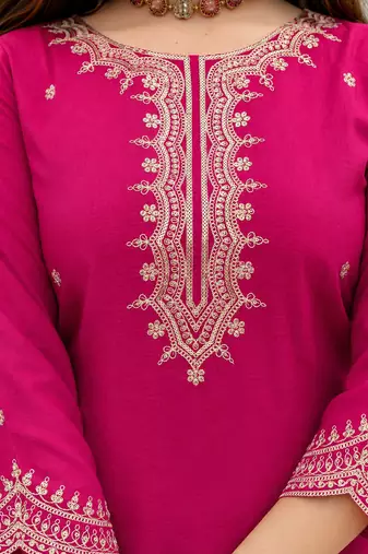 Women's Beautiful Embroidery Work Vichitra Fabric Straight Kurta Sharara and Dupatta Set