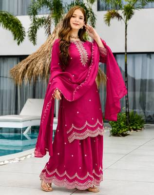 Women's Beautiful Embroidery Work Vichitra Fabric Straight Kurta Sharara and Dupatta Set 3