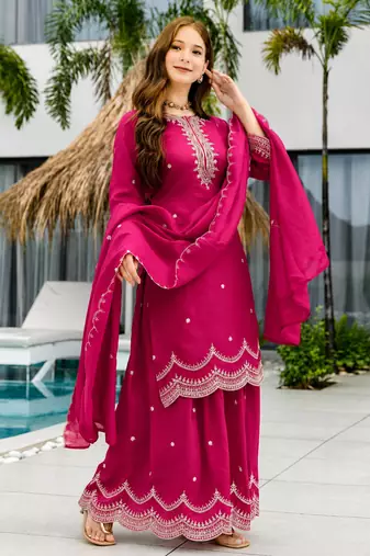 Women's Beautiful Embroidery Work Vichitra Fabric Straight Kurta Sharara and Dupatta Set