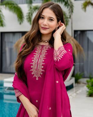 Women's Beautiful Embroidery Work Vichitra Fabric Straight Kurta Sharara and Dupatta Set 4