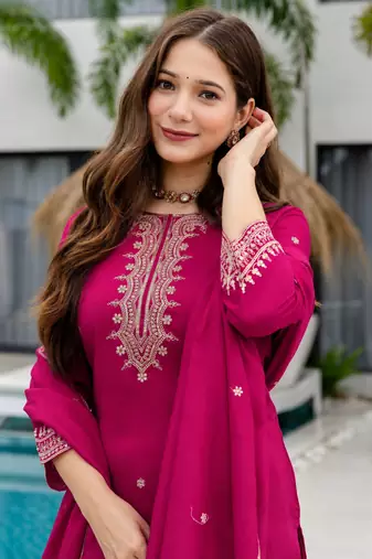 Women's Beautiful Embroidery Work Vichitra Fabric Straight Kurta Sharara and Dupatta Set
