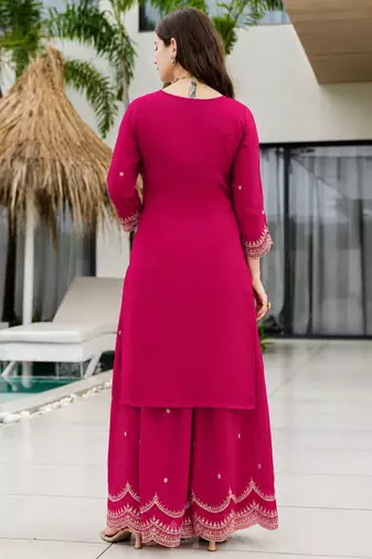 Women's Beautiful Embroidery Work Vichitra Fabric Straight Kurta Sharara and Dupatta Set