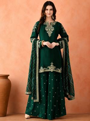 Women's Gorgeous Embroidery Work Vichitra Fabric Straight Kurta Sharara and Dupatta Set 1