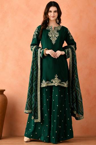 Women's Gorgeous Embroidery Work Vichitra Fabric Straight Kurta Sharara and Dupatta Set