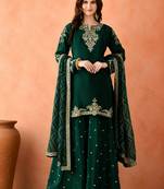 Women's Gorgeous Embroidery Work Vichitra Fabric Straight Kurta Sharara and Dupatta Set