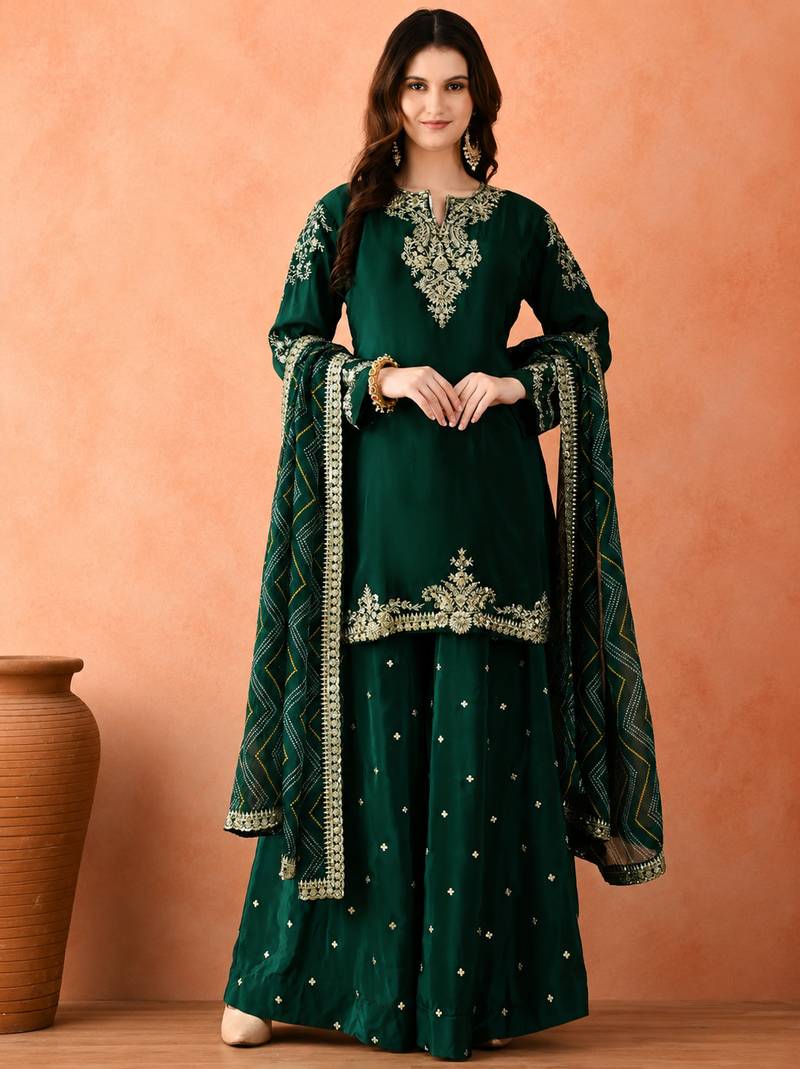 Women's Gorgeous Embroidery Work Vichitra Fabric Straight Kurta Sharara and Dupatta Set
