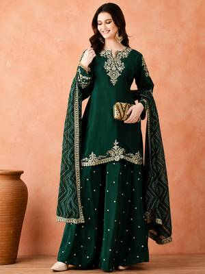 Women's Gorgeous Embroidery Work Vichitra Fabric Straight Kurta Sharara and Dupatta Set 3
