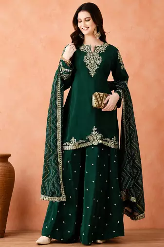 Women's Gorgeous Embroidery Work Vichitra Fabric Straight Kurta Sharara and Dupatta Set