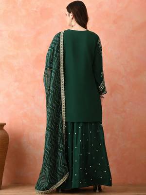 Women's Gorgeous Embroidery Work Vichitra Fabric Straight Kurta Sharara and Dupatta Set 4