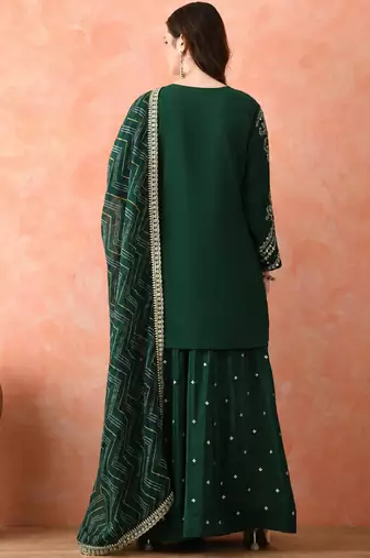 Women's Gorgeous Embroidery Work Vichitra Fabric Straight Kurta Sharara and Dupatta Set