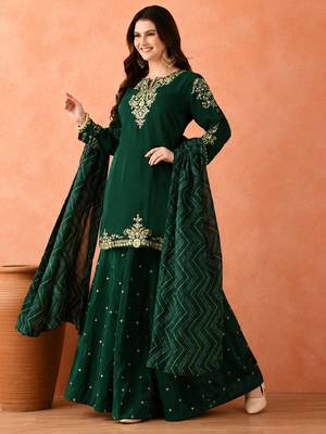 Women's Gorgeous Embroidery Work Vichitra Fabric Straight Kurta Sharara and Dupatta Set 5