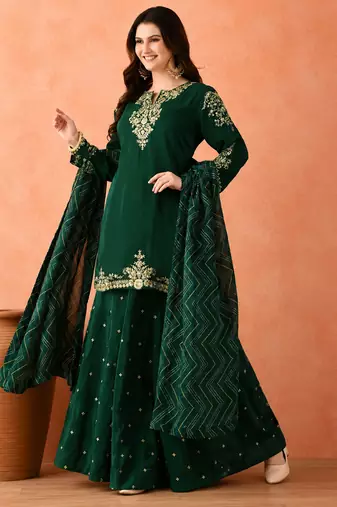 Women's Gorgeous Embroidery Work Vichitra Fabric Straight Kurta Sharara and Dupatta Set