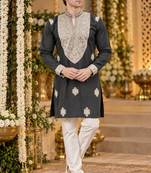 Black silk blend embroidered straight kurta