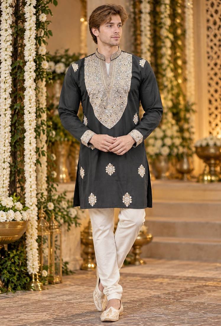 Black silk blend embroidered straight kurta