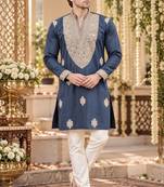 Grey silk blend embroidered straight kurta