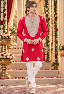 Red silk blend embroidered straight kurta 1