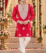 Red silk blend embroidered straight kurta
