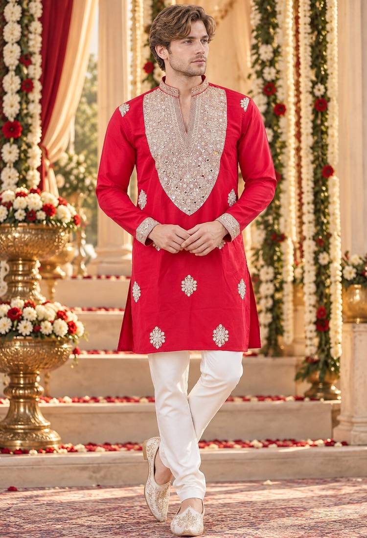 Red silk blend embroidered straight kurta