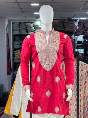 Red silk blend embroidered straight kurta 3