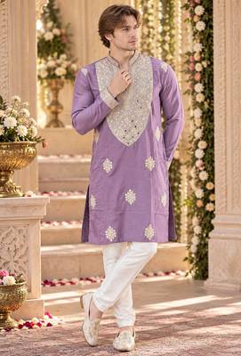 Lavender silk blend embroidered straight kurta 1