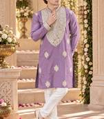 Lavender silk blend embroidered straight kurta
