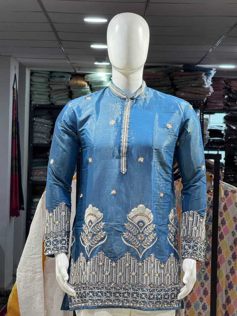 Blue simmer embroidered straight kurta