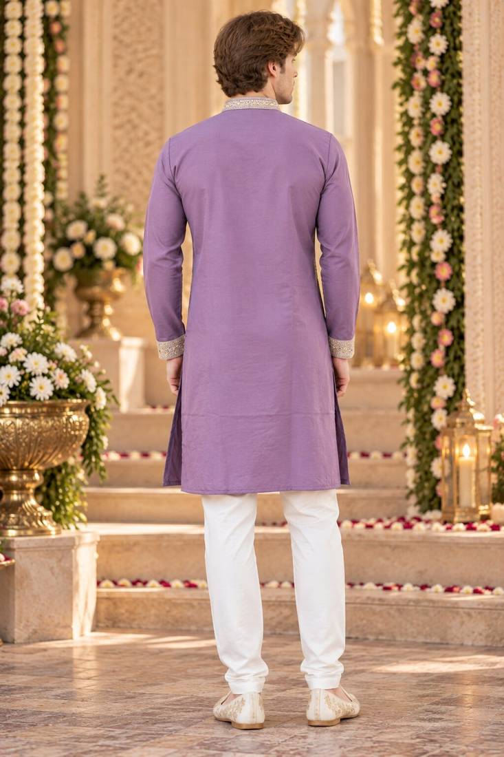 Lavender silk blend embroidered straight kurta