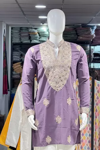 Lavender silk blend embroidered straight kurta