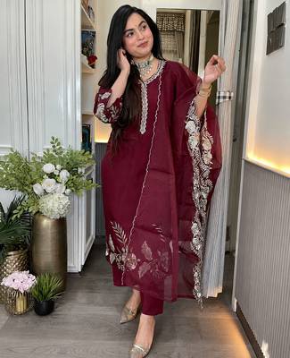 Women's Gorgeous Embroidery Work Roman Silk Fabric A-line Straight Kurta Pant and Dupatta Set 1